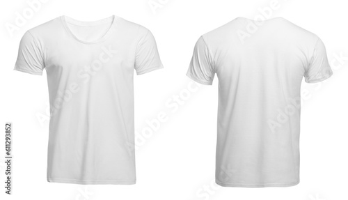 Stylish basic t-shirt on white background, front and back views. Space for design