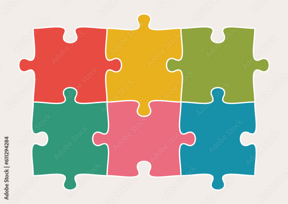 Six connected jigsaw puzzle parts flat vector illustration. Infographic template with separate matching pieces. Teamwork concept. Six connected jigsaw puzzle parts flat vector illustration. Infographic template with separate matching pieces. Teamwork concept.