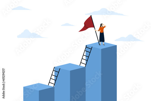 career path concept, Steps to grow business, upgrade or development to reach goal, ladder of success, progress, growth journey, woman climbing ladder step by step on chart to reach goal.
