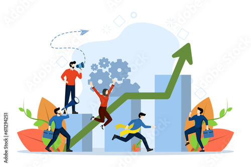 Vector business illustration, overcoming obstacles to success, high work rate, leadership qualities in creative team, direction to a successful path, team joy vector