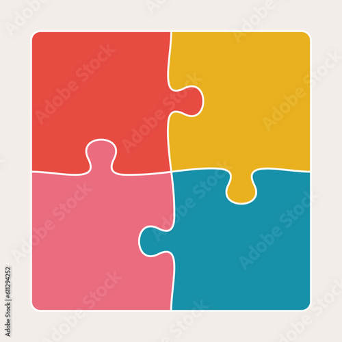 Four connected jigsaw puzzle parts flat vector illustration. Infographic template with separate matching pieces. Teamwork concept.