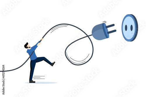 Electricity saving, ecological awareness or electricity cost reduction and spending concept, man unplugging the power cord to unplug to save money or for ecological power. flat vector illustration. photo