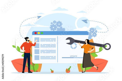 Concept of system update, integration, software installation. User updates operating system with progress bar. Software upgrade and installation program. Vector illustration for UI, mobile app.