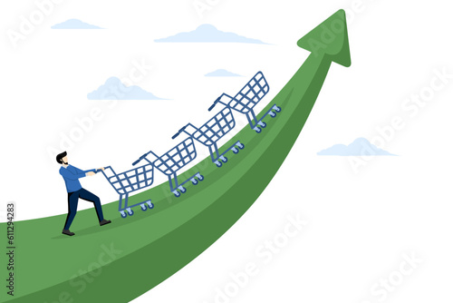 marketing strategy concept, Increase sales or profit, growth in purchasing power or consumers spend more money, businessman sales manager pushing shopping cart trolley role arrow. vector illustration.