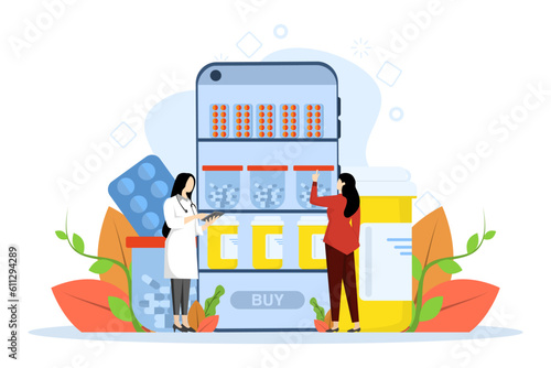Online Pharmacy Concept, Showing Pharmacist giving medication advice and counseling to customer, Suitable for landing page, UI, web, app intro card, editorial, flyer, and banner, Vector Illustration.