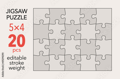 Empty jigsaw puzzle grid template, 5x4 shapes, 20 pieces. Separate matching puzzle elements. Flat vector illustration layout, every piece is a single shape
