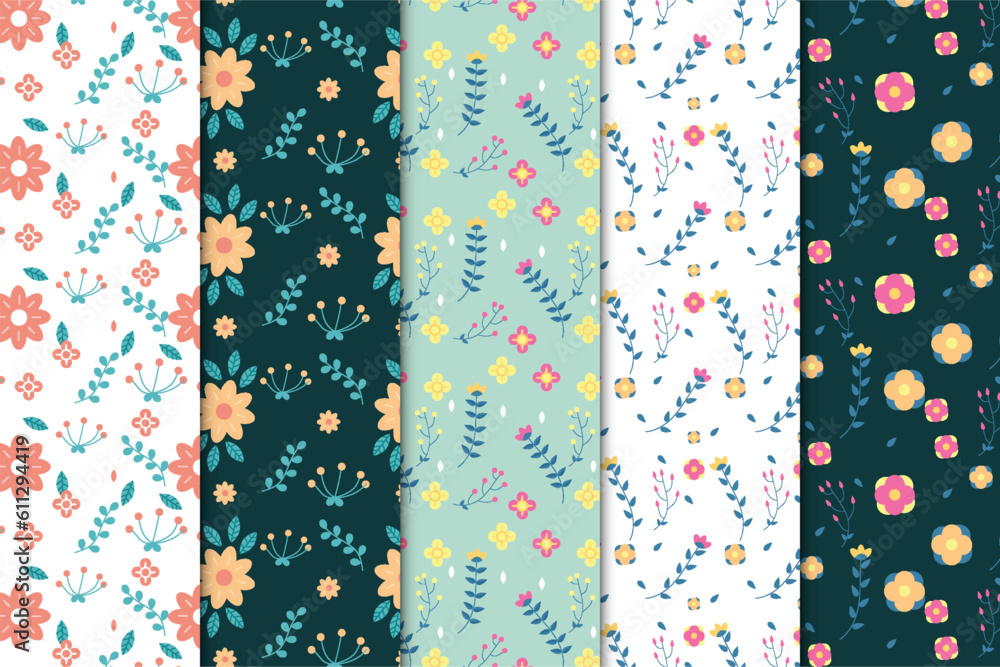 Minimal pattern vector with flowers and leaves. Creative floral pattern decoration on green, dark, and white backgrounds. Seamless flower pattern design for fabric prints, wallpapers, and book covers. Minimal pattern vector with flowers and leaves. Creative floral pattern decoration on green, dark, and white backgrounds. Seamless flower pattern design for fabric prints, wallpapers, and book covers.