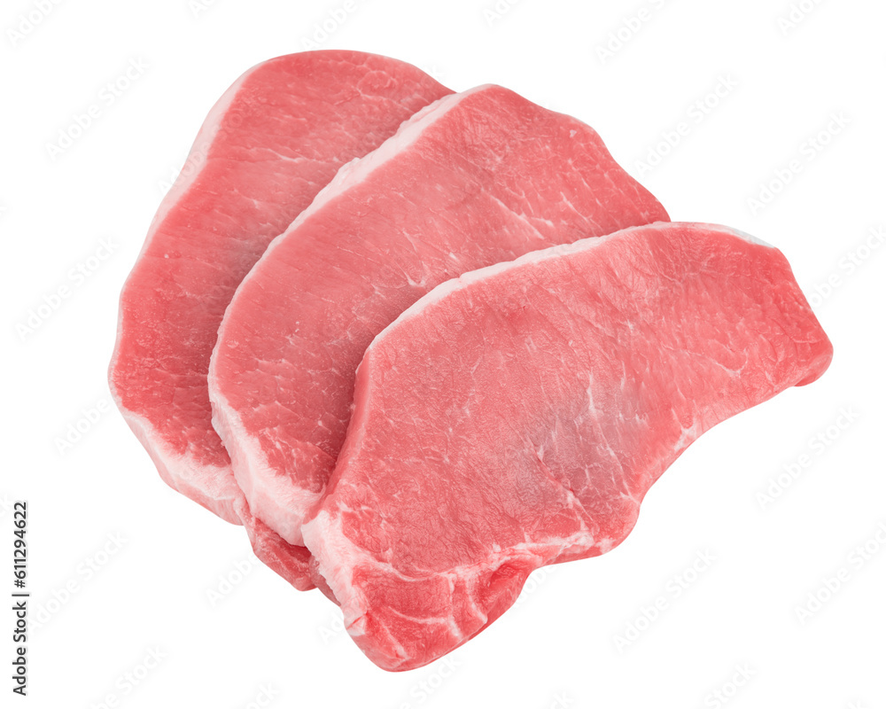 A tasty fresh cut pork loin steak on a white background. A tasty fresh cut pork loin steak on a white background.