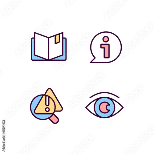 Seeking for answers pixel perfect RGB color icons set. Problem identification. Information and data. Planner. Isolated vector illustrations. Simple filled line drawings collection. Editable stroke