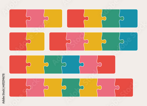 Set of connected jigsaw puzzle parts line flat vector illustration. Infographic templates with separate matching pieces. Teamwork concept.