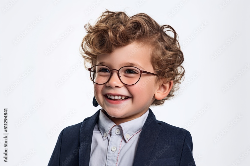 Medium shot portrait photography of a happy kid male talking on the phone against a white background. With generative AI technology