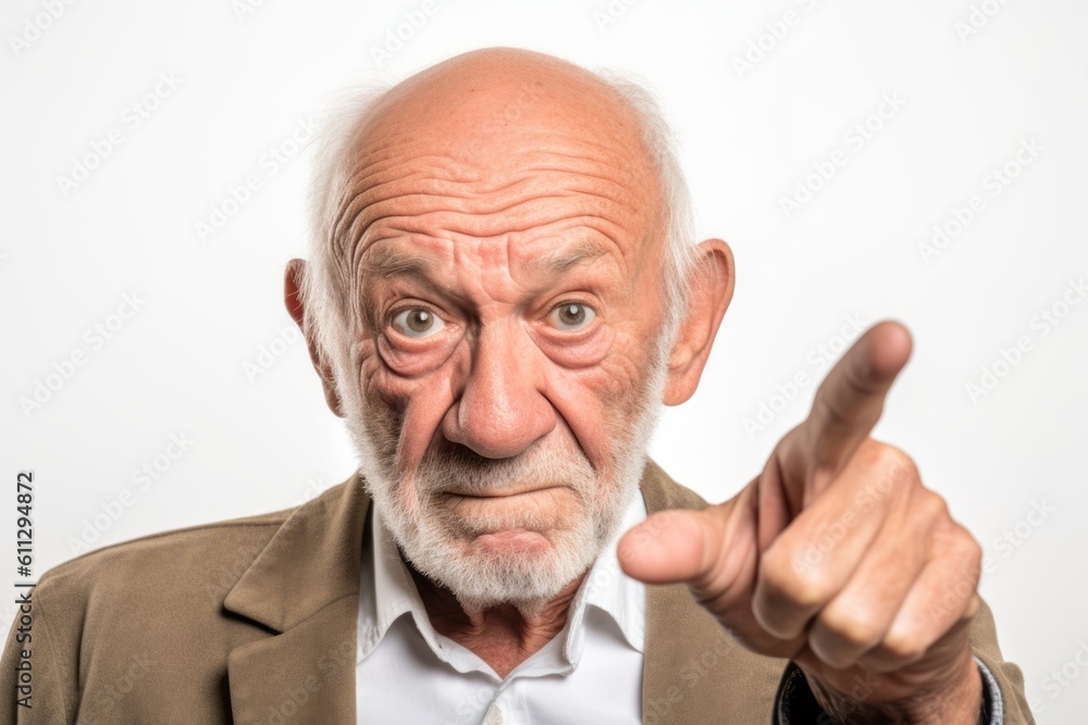 Close-up portrait photography of a glad old man making a gesture of i'm thinking with the finger on the head against a white background. With generative AI technology Close-up portrait photography of a glad old man making a gesture of i'm thinking with the finger on the head against a white background. With generative AI technology