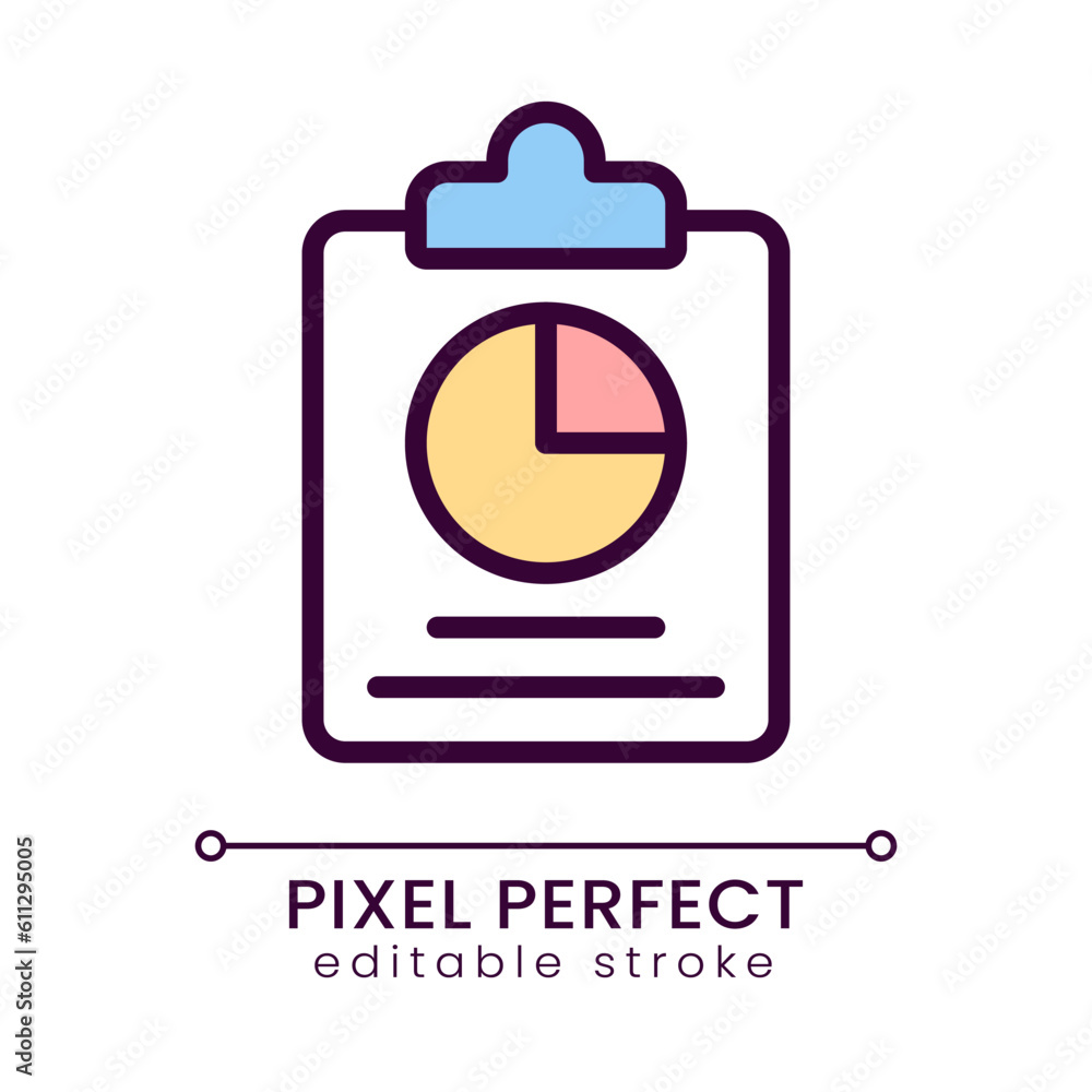 Clipboard and chart pixel perfect RGB color icon. Data analysis visual presentation. Business report. Isolated vector illustration. Simple filled line drawing. Editable stroke. Poppins font used Clipboard and chart pixel perfect RGB color icon. Data analysis visual presentation. Business report. Isolated vector illustration. Simple filled line drawing. Editable stroke. Poppins font used