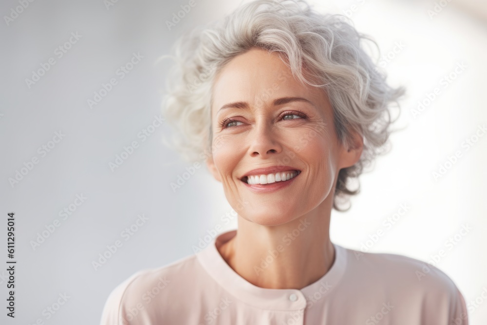 Close-up portrait photography of a beautiful mature woman winking against a pastel or soft colors background. With generative AI technology