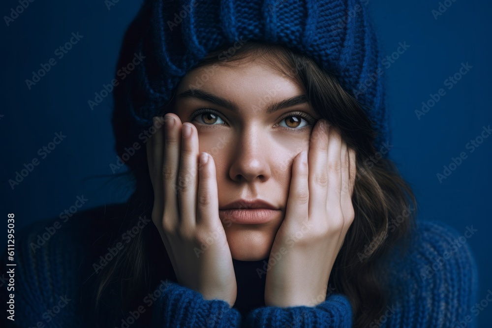 Close-up portrait photography of a beautiful girl in her 30s making a gesture of i'm cold hugging himself against a royal blue background. With generative AI technology Close-up portrait photography of a beautiful girl in her 30s making a gesture of i'm cold hugging himself against a royal blue background. With generative AI technology