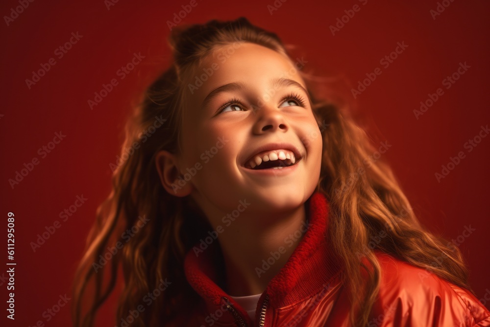 Headshot portrait photography of a beautiful kid female winking against a fiery red background. With generative AI technology