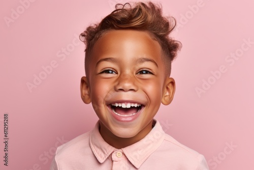Close-up portrait photography of a joyful kid male smiling against a pastel pink background. With generative AI technology