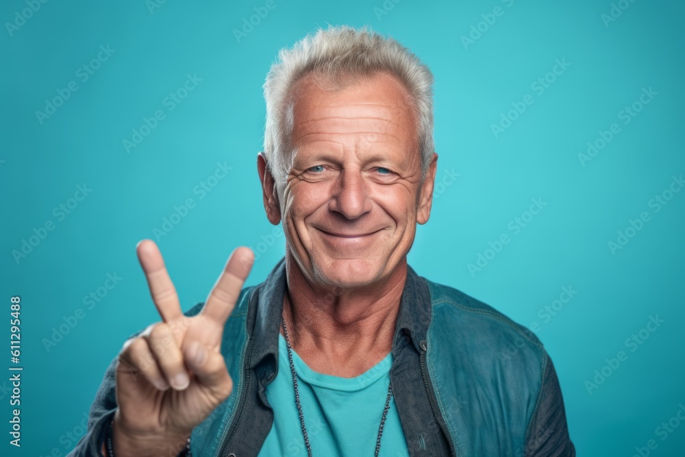 Close-up portrait photography of a joyful mature man making a peace gesture with two fingers against a turquoise blue background. With generative AI technology Close-up portrait photography of a joyful mature man making a peace gesture with two fingers against a turquoise blue background. With generative AI technology