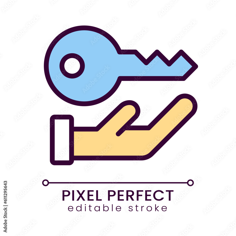 Key pixel perfect RGB color icon. Access to private information. Data storage security. Encryption. Isolated vector illustration. Simple filled line drawing. Editable stroke. Poppins font used Key pixel perfect RGB color icon. Access to private information. Data storage security. Encryption. Isolated vector illustration. Simple filled line drawing. Editable stroke. Poppins font used