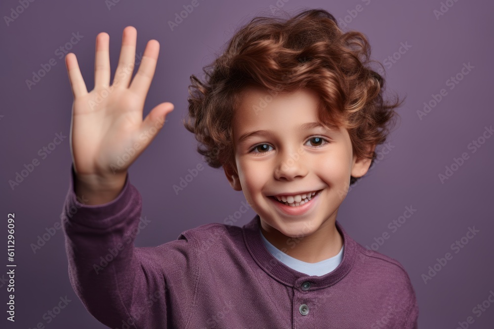 Close-up portrait photography of a happy boy in his 30s waving with the hand against a soft lavender background. With generative AI technology Close-up portrait photography of a happy boy in his 30s waving with the hand against a soft lavender background. With generative AI technology