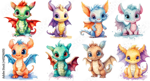set of dragon, watercolor cute dragon, transparent background, generated ai