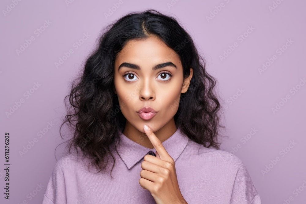 Medium shot portrait photography of a glad girl in her 20s making a gesture of silence with his finger on his lips. With generative AI technology Medium shot portrait photography of a glad girl in her 20s making a gesture of silence with his finger on his lips. With generative AI technology