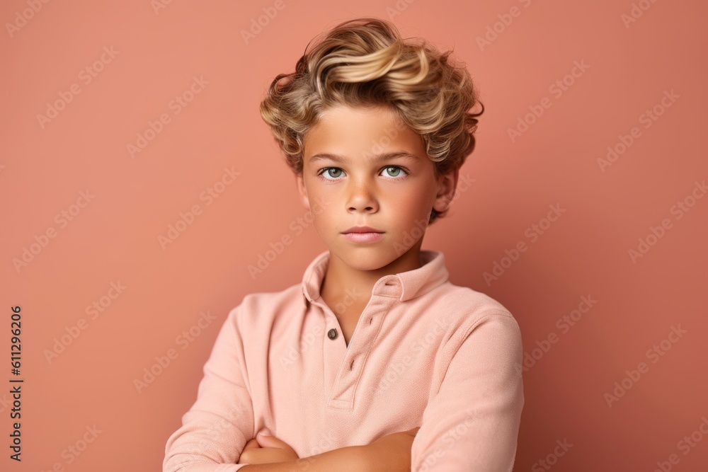 Headshot portrait photography of a beautiful kid male crossing the arms against a peachy pink background. With generative AI technology