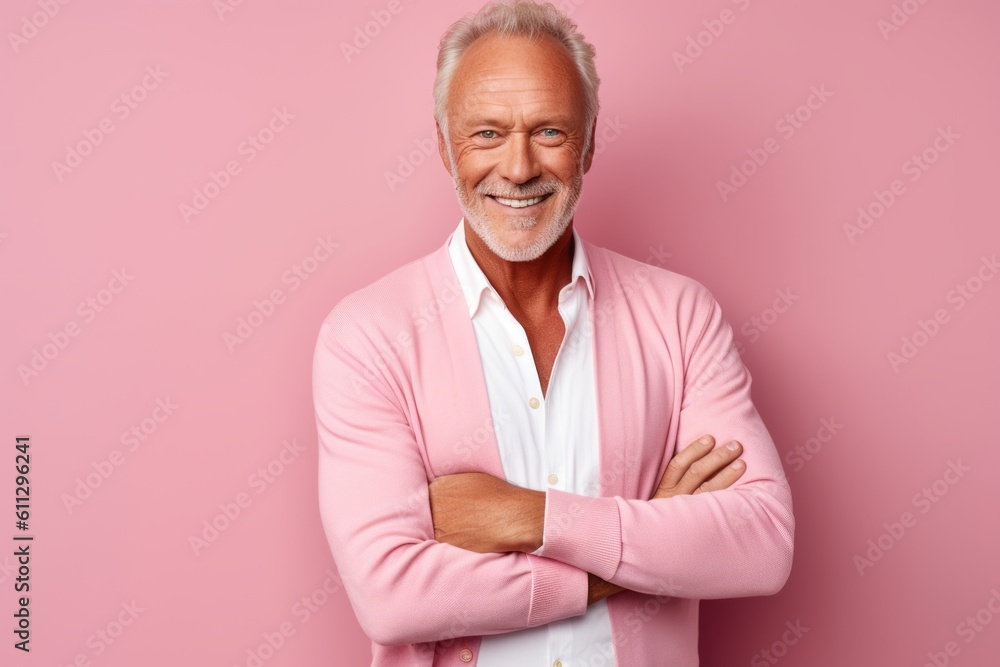 Medium shot portrait photography of a grinning mature man putting hands on hips against a peachy pink background. With generative AI technology Medium shot portrait photography of a grinning mature man putting hands on hips against a peachy pink background. With generative AI technology