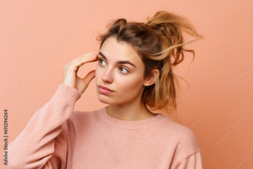 Medium shot portrait photography of a glad girl in her 20s scratching head in gesture of confusion against a peachy pink background. With generative AI technology Medium shot portrait photography of a glad girl in her 20s scratching head in gesture of confusion against a peachy pink background. With generative AI technology