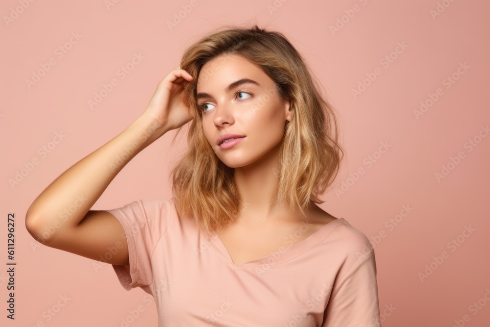 Medium shot portrait photography of a glad girl in her 20s scratching head in gesture of confusion against a peachy pink background. With generative AI technology