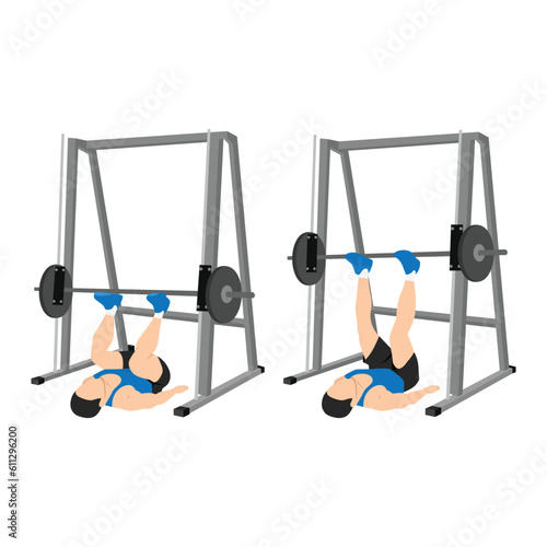 Man doing smith machine leg press exercise or reverse squat. Woman doing squat jacks or side sumo walks exercise. Flat vector illustration isolated on white background