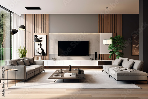 Modern bedroom, and living room in a contemporary house, with a 3D mockup canvas frame on the wall, Generated with AI