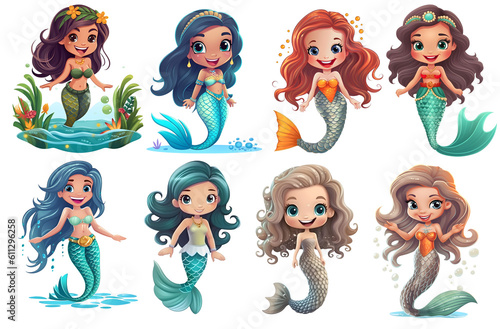 set of mermaids, cute mermaid, transparent background, generated ai