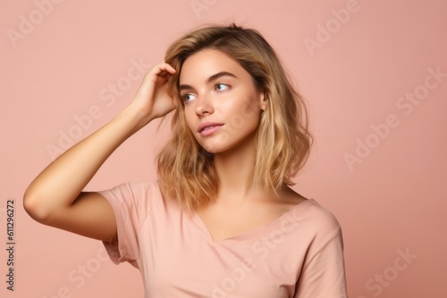 Medium shot portrait photography of a glad girl in her 20s scratching head in gesture of confusion against a peachy pink background. With generative AI technology