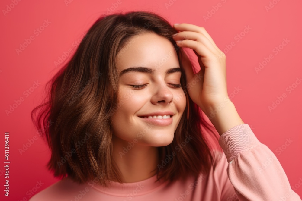 Close-up portrait photography of a grinning girl in her 20s holding the hand on the forehead in a headache gesture against a hot pink background. With generative AI technology Close-up portrait photography of a grinning girl in her 20s holding the hand on the forehead in a headache gesture against a hot pink background. With generative AI technology