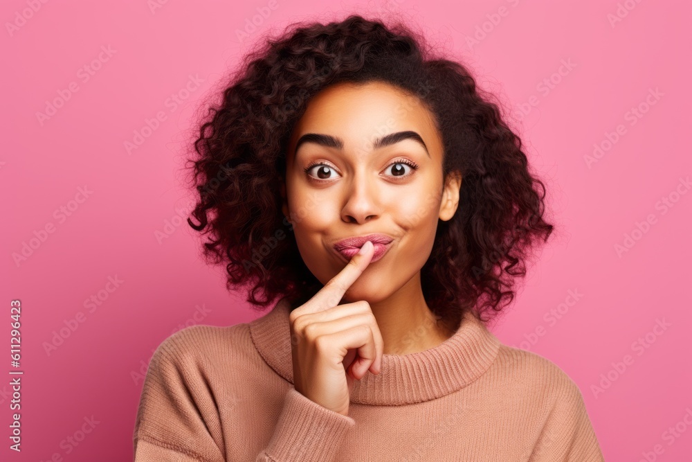 Headshot portrait photography of a joyful girl in her 20s making a gesture of silence with his finger on his lips. With generative AI technology Headshot portrait photography of a joyful girl in her 20s making a gesture of silence with his finger on his lips. With generative AI technology