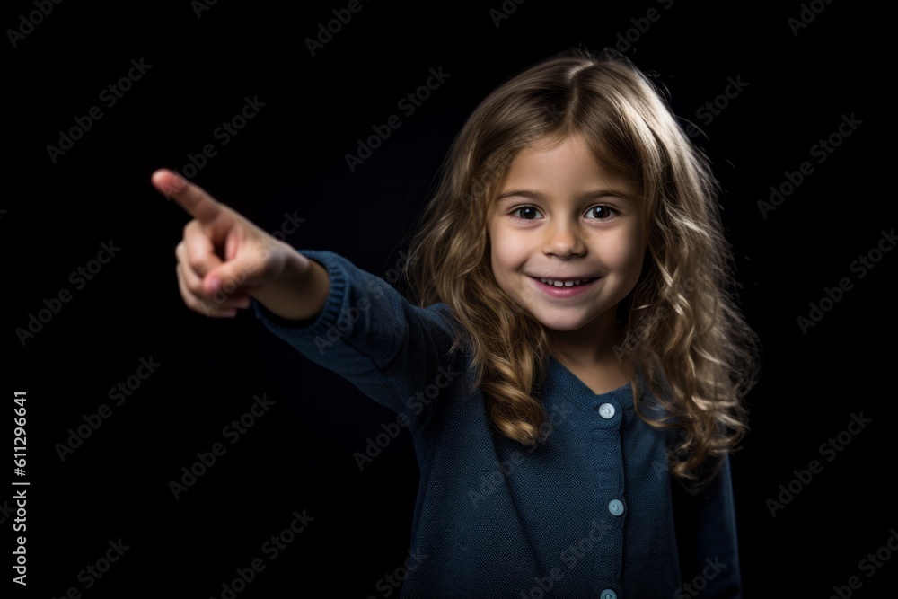 Medium shot portrait photography of a joyful kid female raising a finger as if having an idea against a matte black background. With generative AI technology Medium shot portrait photography of a joyful kid female raising a finger as if having an idea against a matte black background. With generative AI technology