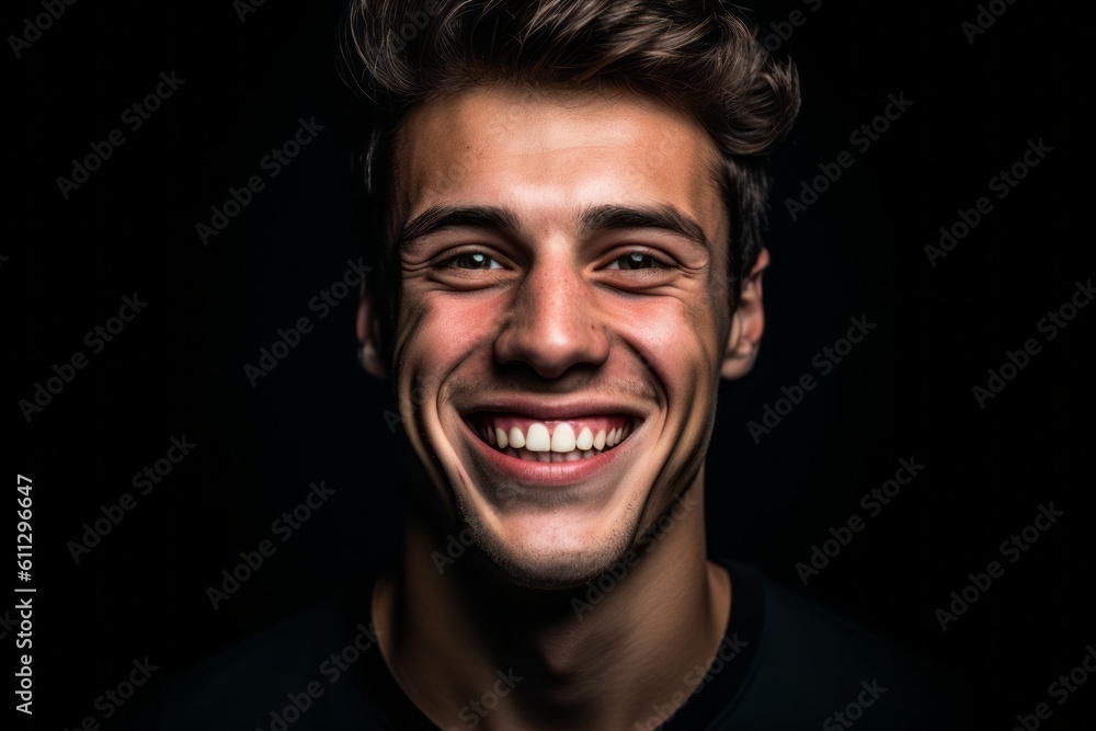 Close-up portrait photography of a grinning boy in his 30s smiling against a matte black background. With generative AI technology Close-up portrait photography of a grinning boy in his 30s smiling against a matte black background. With generative AI technology