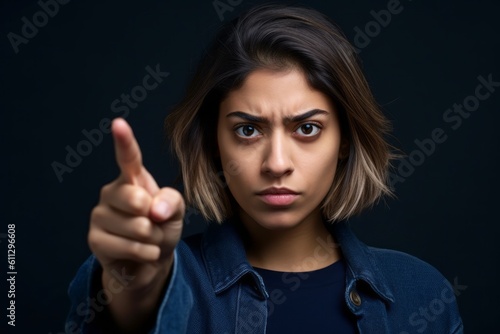 Headshot portrait photography of a glad girl in her 20s raising a finger as if having an idea against a navy blue background. With generative AI technology