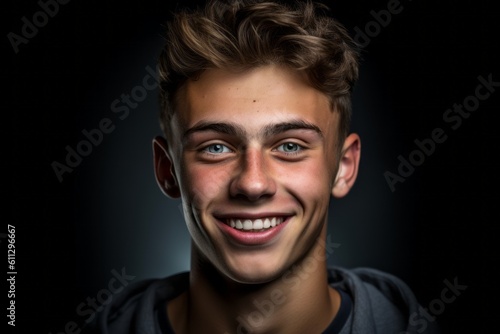 Headshot portrait photography of a grinning boy in his 20s giving a hug to the camera against a matte black background. With generative AI technology © Markus Schröder