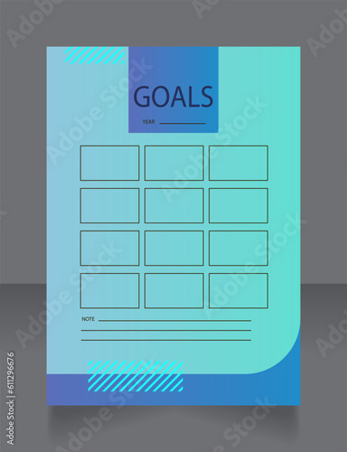 Choose goals for next year worksheet design template. Printable goal setting sheet. Editable time management sample. Scheduling page for organizing personal tasks. Montserrat font used