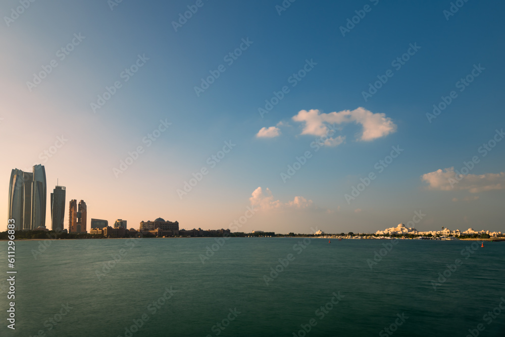 Sunrise high rise building of hotel, offices in Abu Dhabi capital, United Arab Emirates Sunrise high rise building of hotel, offices in Abu Dhabi capital, United Arab Emirates