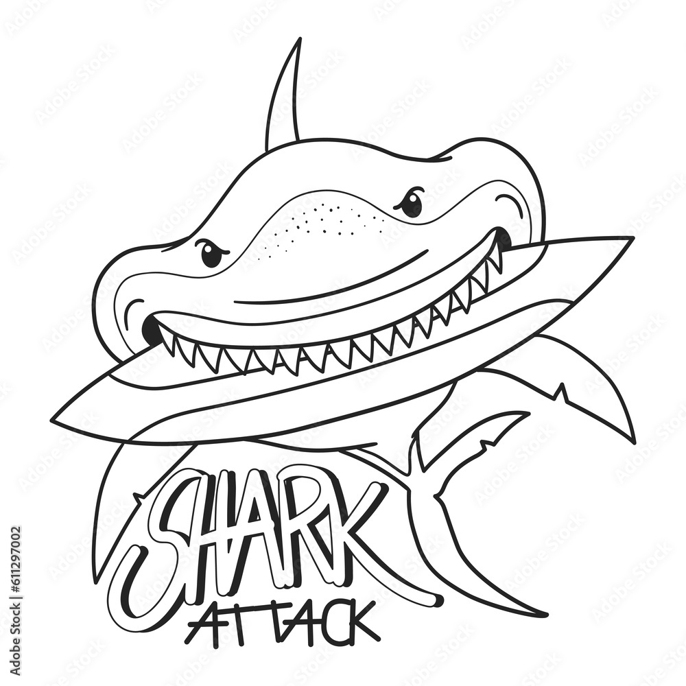 Fototapeta premium Illustration in black and white of a shark biting a surfboard with Shark attack lettering, coloring page