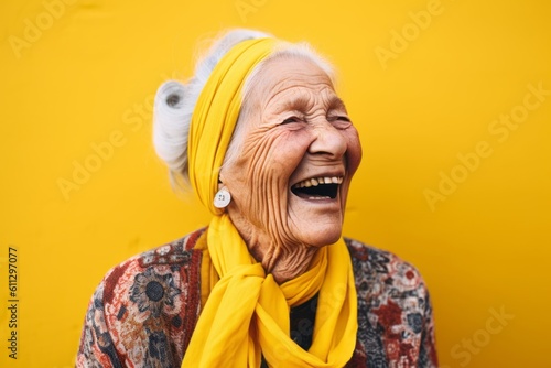 Medium shot portrait photography of a glad old woman winking against a bright yellow background. With generative AI technology