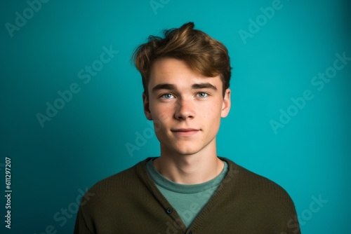 Headshot portrait photography of a glad boy in his 20s crossing the arms against a teal blue background. With generative AI technology