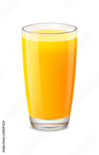 Realistic orange juice in a glass. Design element for food and beverages.