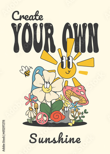 retro wall art, groovy 70s poster, vector illustration