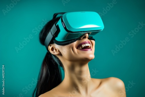 Close-up portrait photography of a beautiful girl in her 20s playing with virtual reality mask against a teal blue background. With generative AI technology