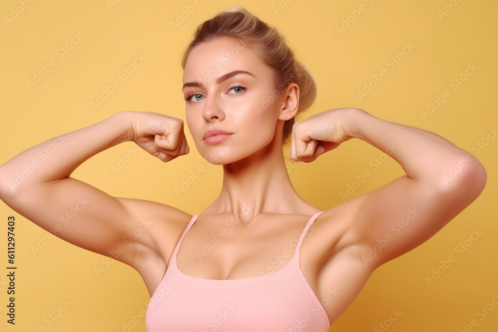 Fototapeta premium Close-up portrait photography of a glad girl in her 20s making a i'm strong gesture showing muscles against a pastel yellow background. With generative AI technology