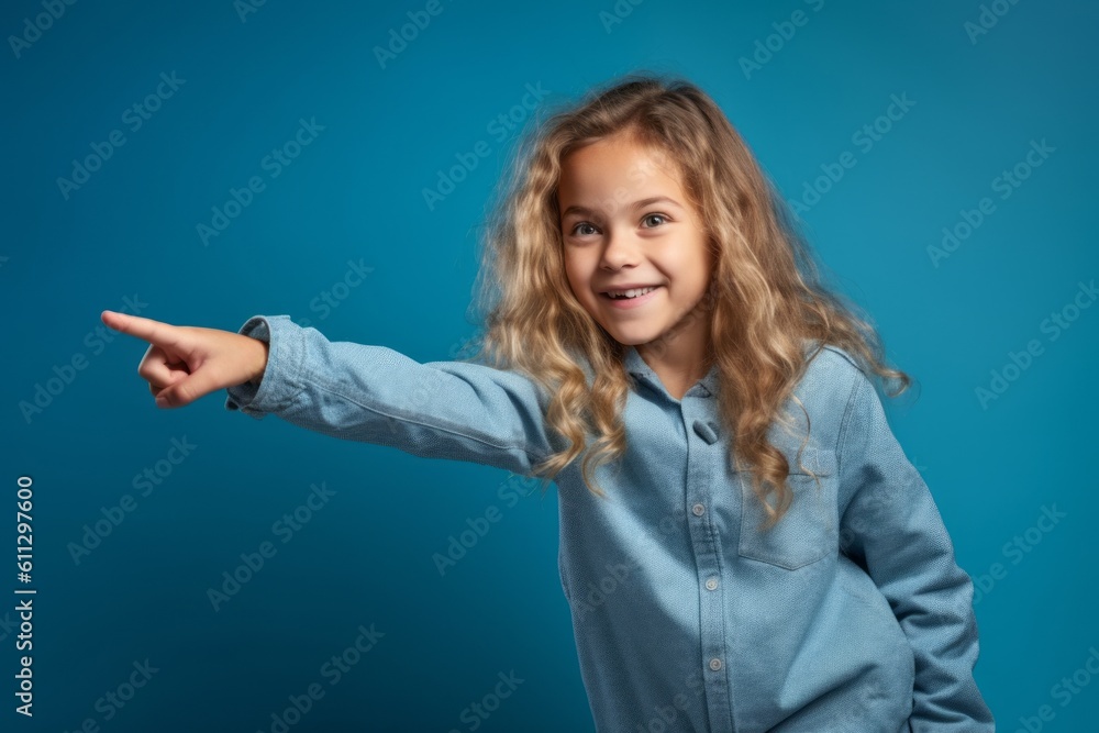 Medium shot portrait photography of a happy kid female pointing down against a soft blue background. With generative AI technology Medium shot portrait photography of a happy kid female pointing down against a soft blue background. With generative AI technology